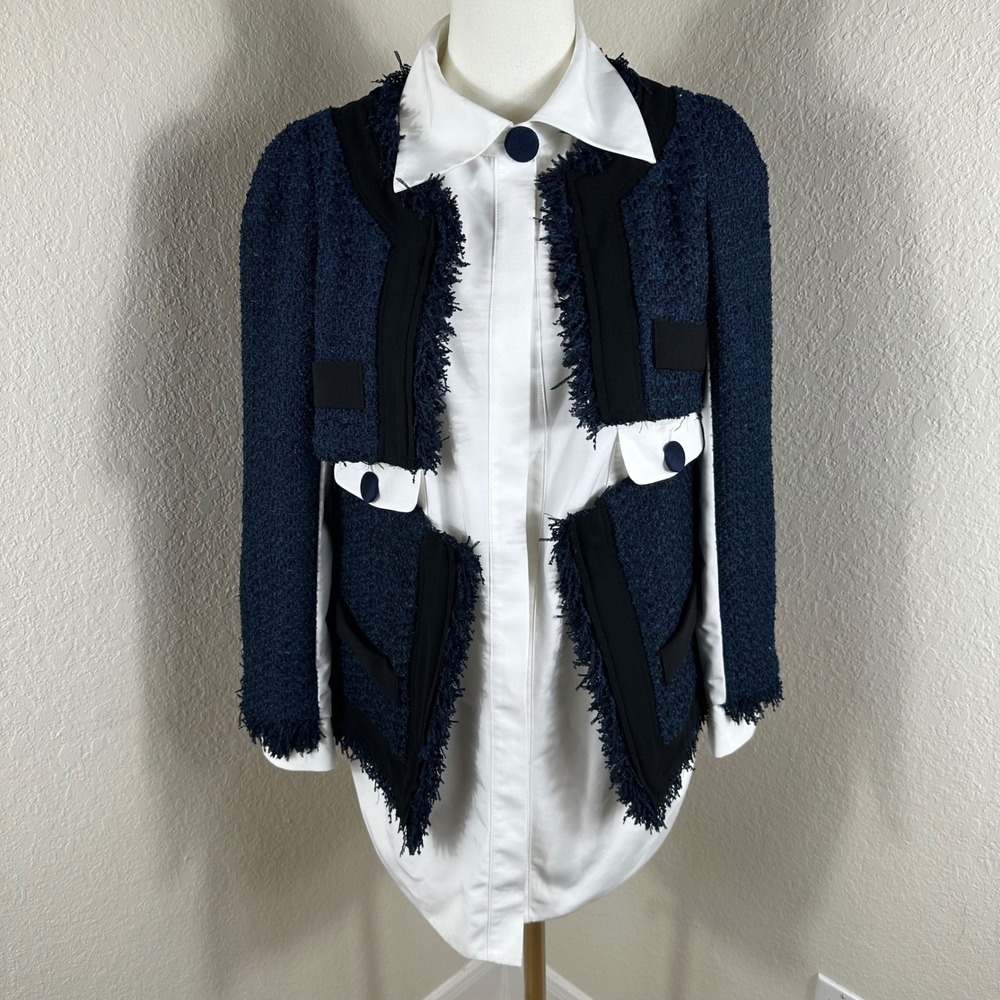 NWT Edward Achour Paris Jacket Women 36 Navy White Tweed Fringe Designer